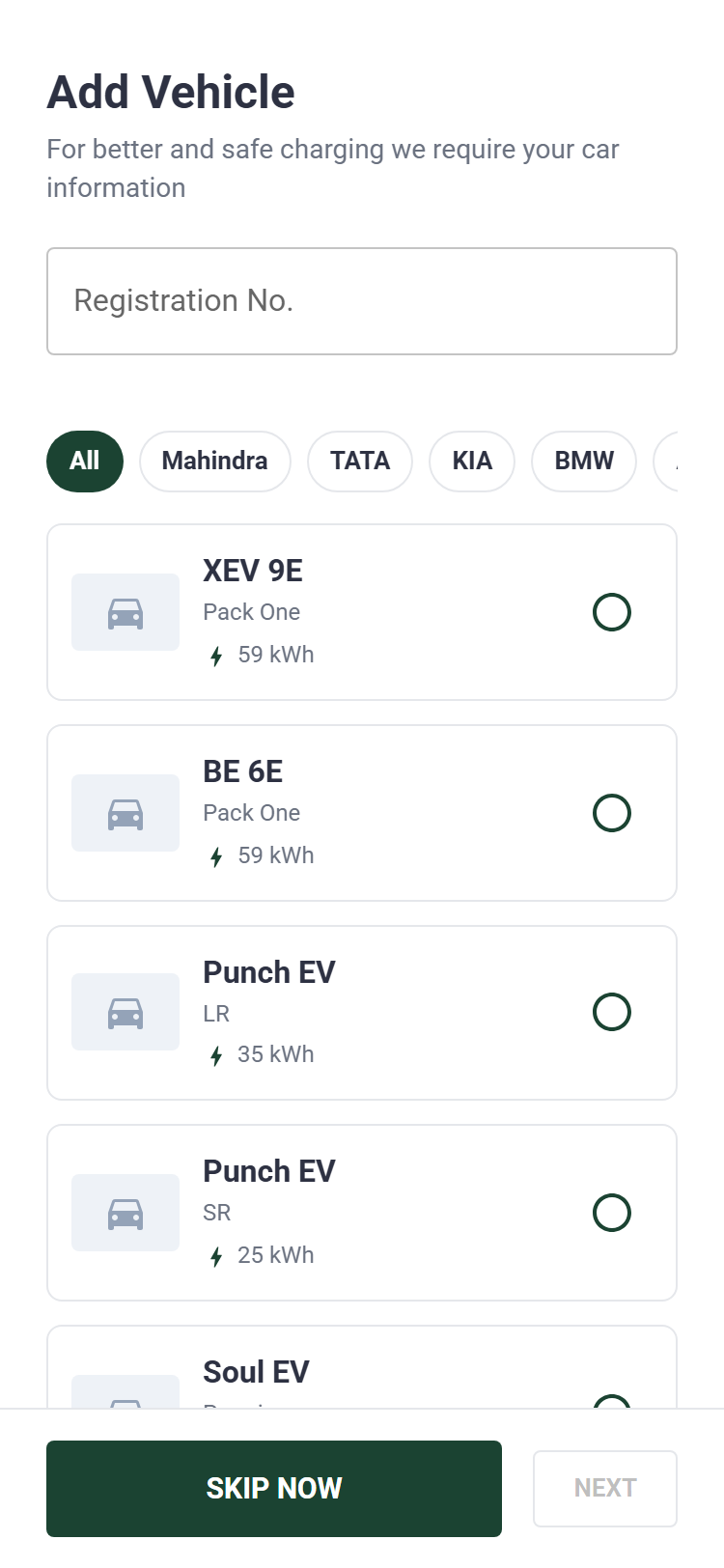 Add your vehicle screen